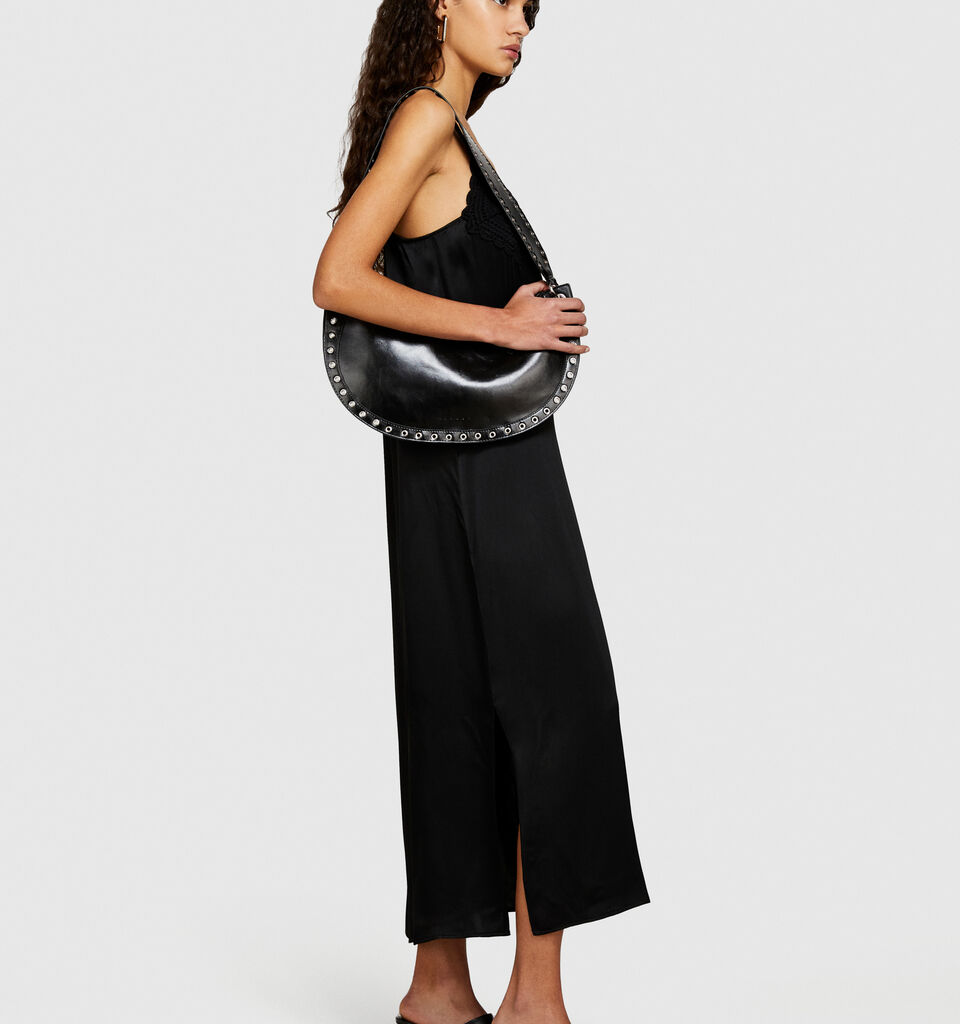 Satin dress with crochet - women's midi dresses - Black | Sisley image number 2